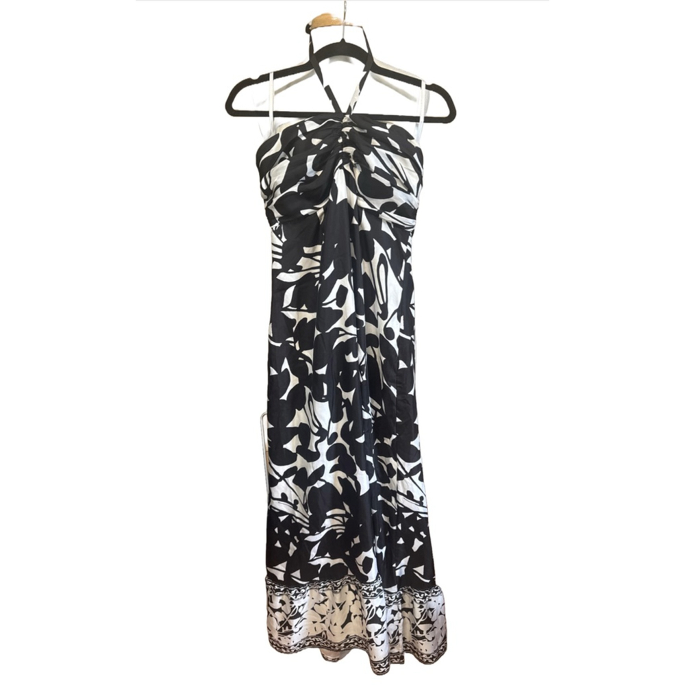 WHITE HOUSE BLACK MARKET Dress Size 8 Black White Halter 100% Silk